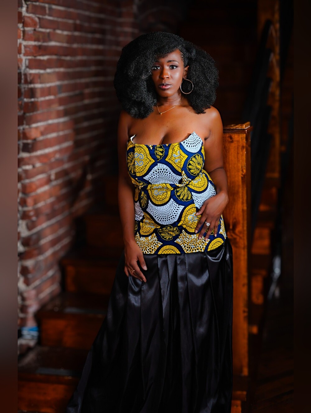 Black Satin Maxi Skirt with Yellow-Blue Print Waist Panel